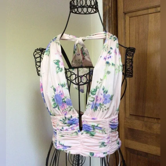NWT Zara Pink Floral Ruched Halter Crop Top Womens small - Picture 1 of 5